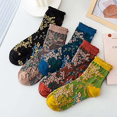 Image of DXYAKY 5 Pairs Womens Floral Cotton Socks Vintage Patterned Crew Socks Novelty Ankle Ruffled Warm Casual Dress Socks