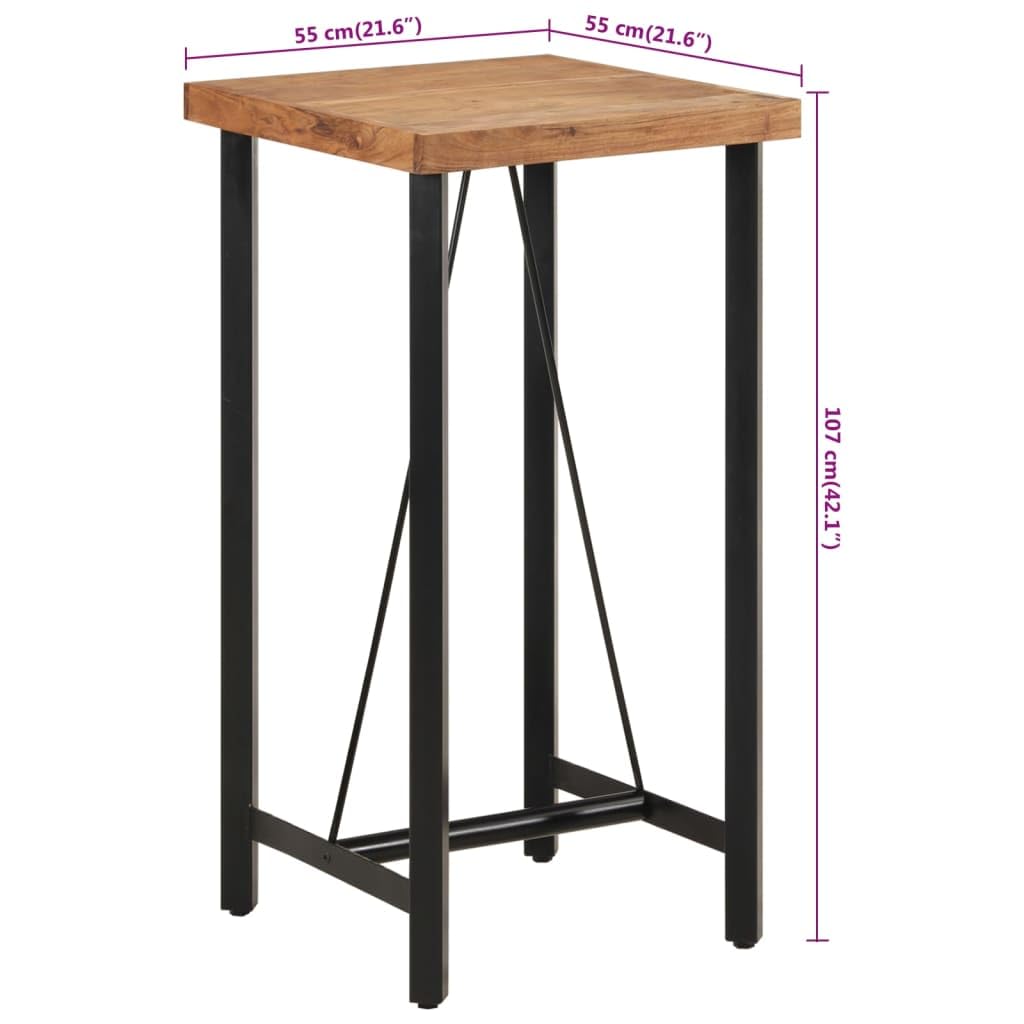 Table de bar en bois d'acacia massif - 55 x 55 x 107 cm - Avec cadre en fer solide - Peu encombrant - Pour cuisine, salle à manger, famille et invités - Design moderne de style industriel