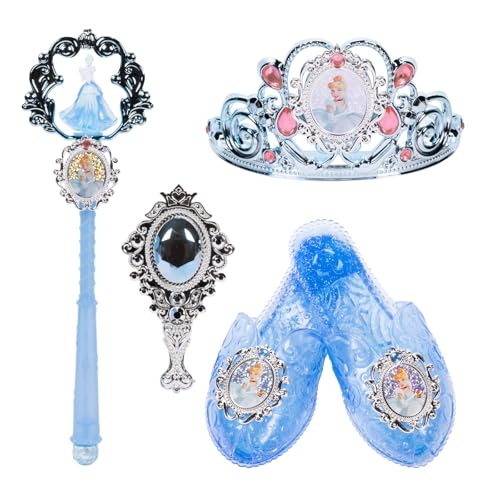 Disney Princess Dress Up Accessory Set Cinderella Tiara, Shoes, Wand and Comb Set for Little Girls Role Play Time Costume Toys for 3-6 Years