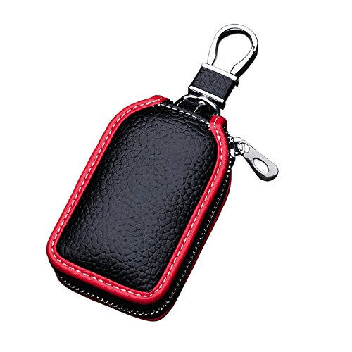 Car Key Case - Superior Genuine Leather Auto Key Fob Holder Smart Keychain Protector Cover With Metal Hook And Zipper (Black Red Edge) #TOP3