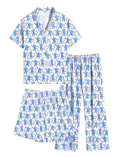 SWOMOG Kids Silk Pajamas 3 Piece Girls Boys Satin Pajamas Set Button-Down PJs Set Soft Loungewear Short Sleeve Sleepwear