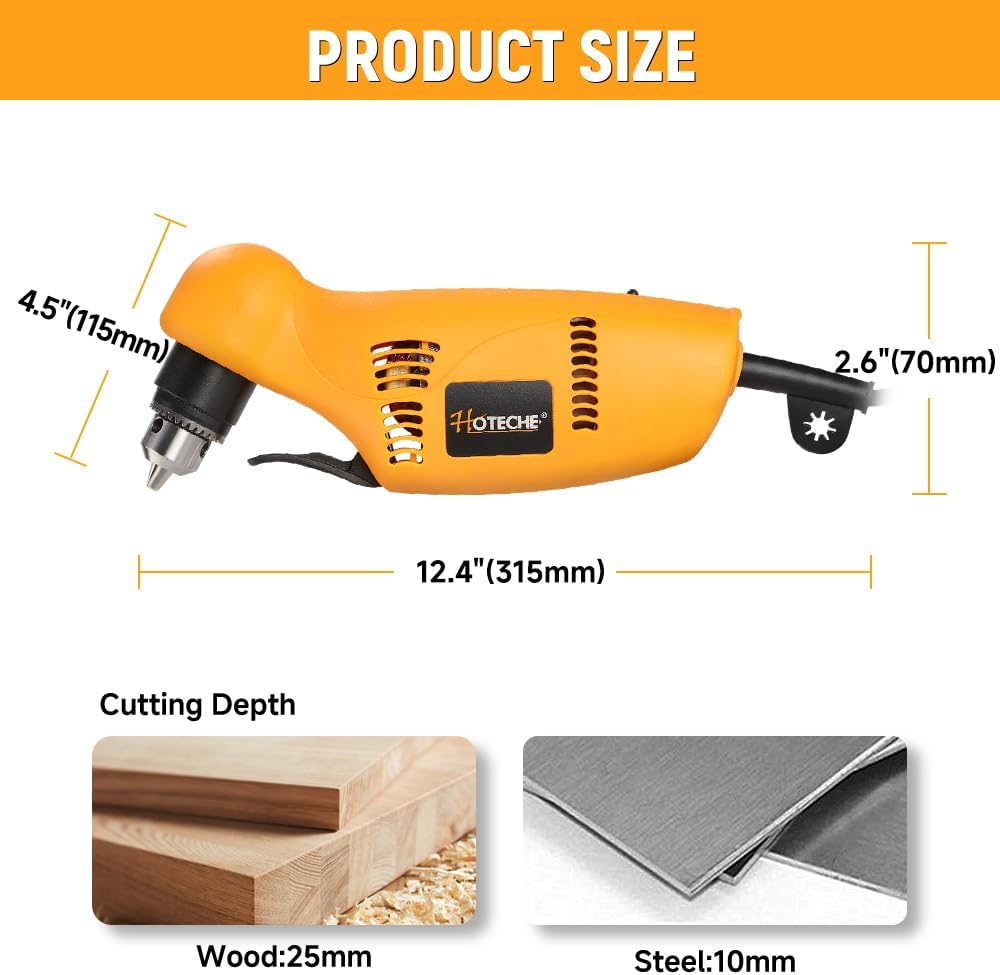 Hoteche 3/8-Inch Right Angle Drill, 3.8A Electric Corded Power Drill with Variable Speed 0-1400 RPM, Forward & Reverse Switch, Compact Design for Tight Spaces