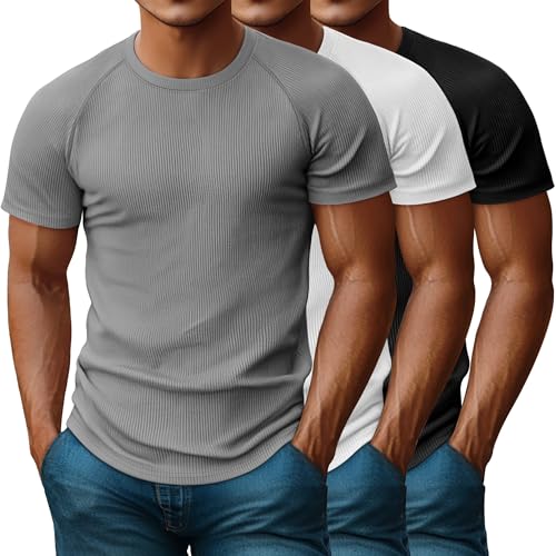 Riyiper 3 Pack Men's Muscle T Shirt Casual Short Sleeve Tops Ribbed Crewneck Slim Fit Workout Gym Curve Hem Basic Tee Shirts(Black, White, Gray,X-Large)
