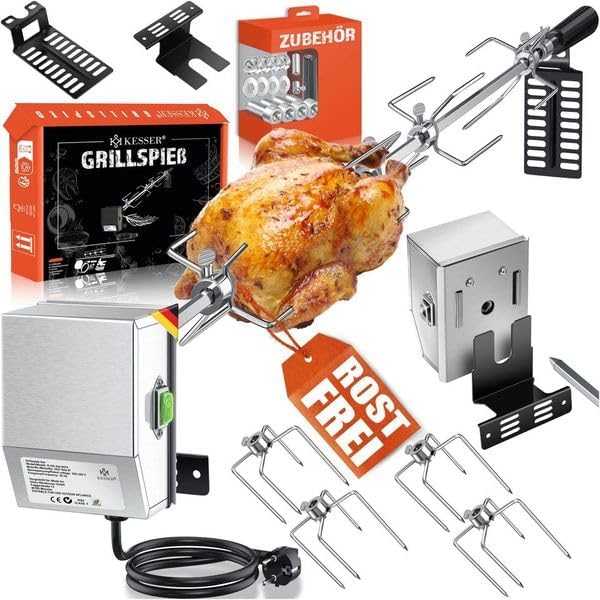 KESSER® Set di spiedini per griglia in acciaio inox 107 cm adatto per griglia a gas Weber Spirit con 4 aghi per carne Clip per carne per barbecue, manico e girarrosto a motore girarrosto elettrico