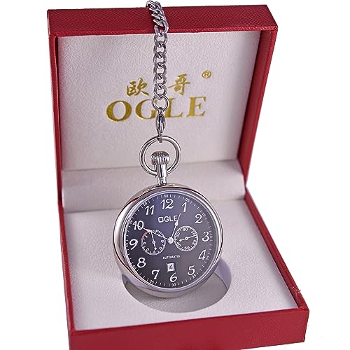 Image of OGLE 3ATM Waterproof Stainless Steel Energy Storage Display Day Calendar Large Size Fob Self Winding Automatic Skeleton Mechanical Pocket Watch