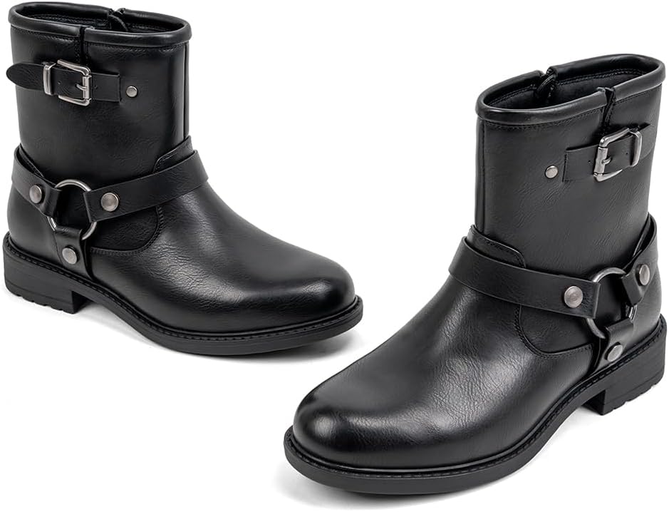 VJH confort Women's Ankle Boots Comfortable Low Chunky Heel Round Toe Buckle Fashion Booties with Zipper