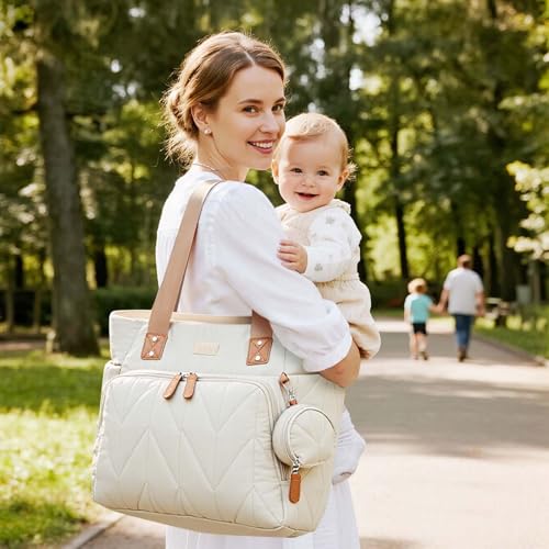 Lekesky Diaper Bag Tote - Lightweight Puffy Baby Diaper Bags, Large Tote Travel Hospital Bag for Labor Delivery (Beige)