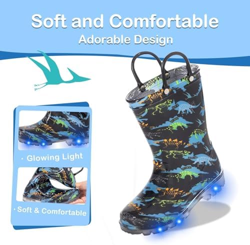 Toddler Kids Rain Boots Boys Girls Light Up Waterproof Boot with Handles, Little Kid Size 11, Dinosaur — view 4