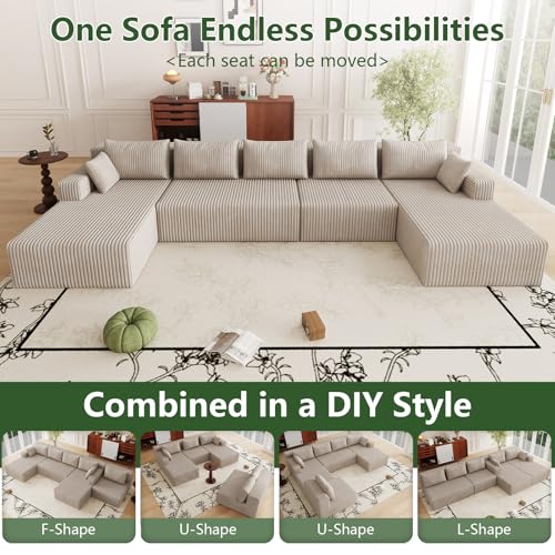 Image of 160 inch Modular Sectional Sleeper Sofa, Boneless Cloud Couch for Living Room, U Shaped 3 Seat Sofa with Deep Seat, Free Combination, Couch in a Box, No Assembly Required (Camel)