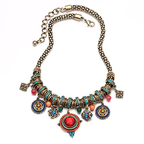 HONGYE Bohemian Multicolor Round Pendants Enamel Rhinestone Ethnic Necklace for Women