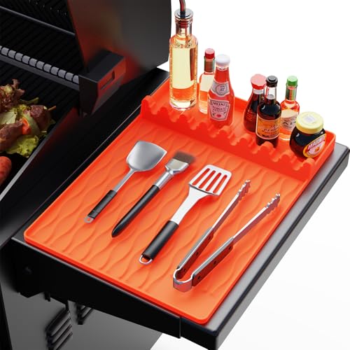 Silicone Grill Tool Mat for Blackstone, Heat Resistant Spatula Mat with Drip Pad, Side Mat for Blackstone Griddle Accessories, Silicone Griddle Mat for Outdoor Kitchen Countertop ,Gifts for Men Orange