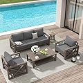 Amopatio Aluminum Patio Furniture Set, 6 Pieces Modern Metal Outdoor Furniture Sets, Faux Wood Grain Finish Frame Patio Sofa with 6" Cushion for Backyard, Dark Grey (Included Waterproof Covers)