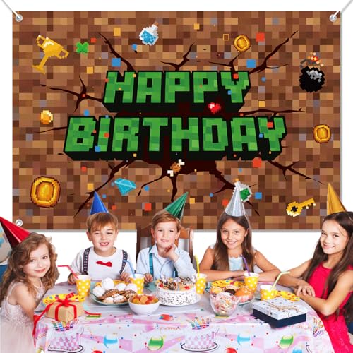 Image of Pixel Happy Birthday Backdrop, 47x32in /120x80cm Pixel Theme Party Decorations Video Game Banner Backdrop for Gaming Birthday Decor