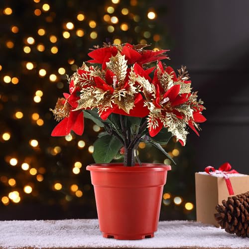 Flores de Pascua artificiales de seda con iluminación LED cálida permanente 4