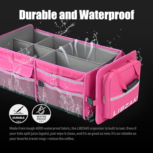 Image of LIBZAKI Oversize 4 in 1 Car Trunk Storage Organizer, Multi Compartment Collapsible Trunk Storage Box with Cooler Bag for Car Truck SUV-Rose red