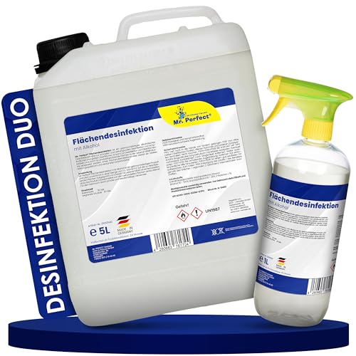 Mr. Perfect® alkoholisches Flächendesinfektionsmittel 5L Kanister + 1L Spray | Hochwirksame Flächendesinfektion mit Alkohol | Desinfektionsmittel für alle glatten Oberflächen | Bundle Set