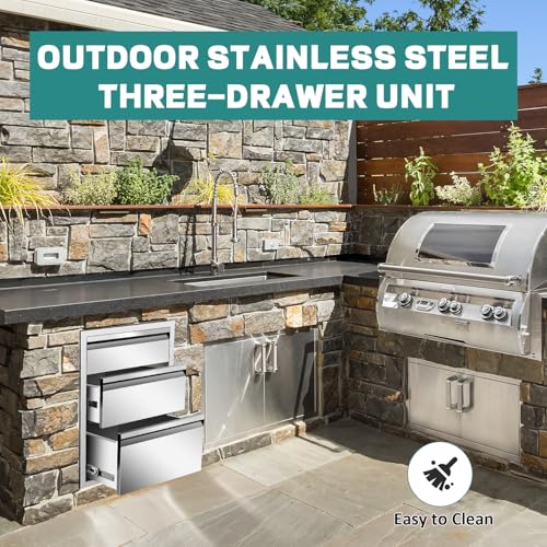 Image of Outdoor Kitchen Drawers 18 inch W x 23 inch H x 23 inch D Stainless Steel Drawer BBQ Triple Drawers with Hidden Handle for Outdoor Kitchen Island, Patio Grill Station