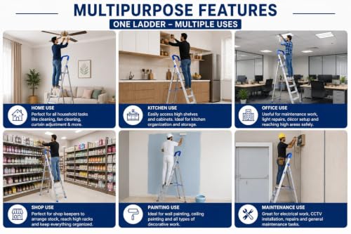 Image of Heavy-Duty 6-Step Aluminium Folding Ladder with Safety Hand Railing | Anti-Slip Wide Steps | Lightweight Foldable Ladder for Home, Kitchen, Cleaning, Painting, Maintenance & Indoor /Outdoor Use