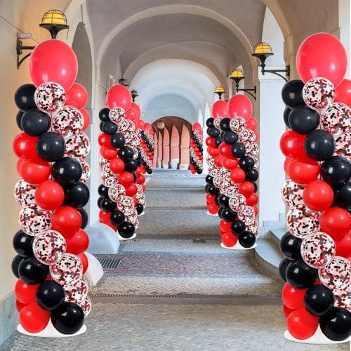 Image of 2 Sets Red and Black Balloon Column Stand Kit with 100 Balloons Adjustable Balloon Tower Stand with Bases for Floor Confetti Balloons Column Kit for Graduation Birthday Appreciation Party Decor