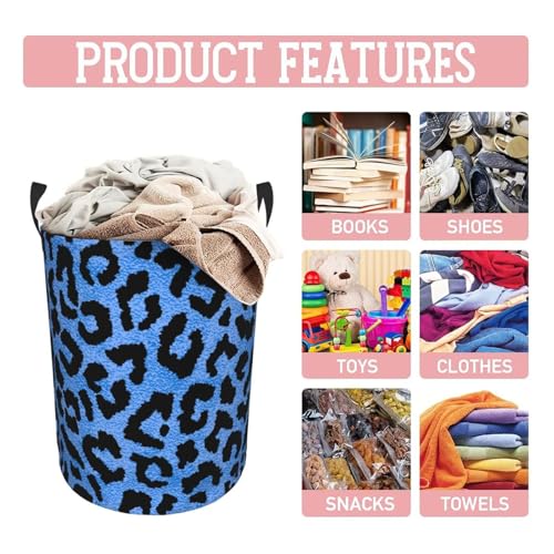 Image of Blue Leopard Round Laundry Hamper Storage Basket Toys Clothes Organizer Bin For Home Bathroom Bedroom Dorm Nursery, 62l