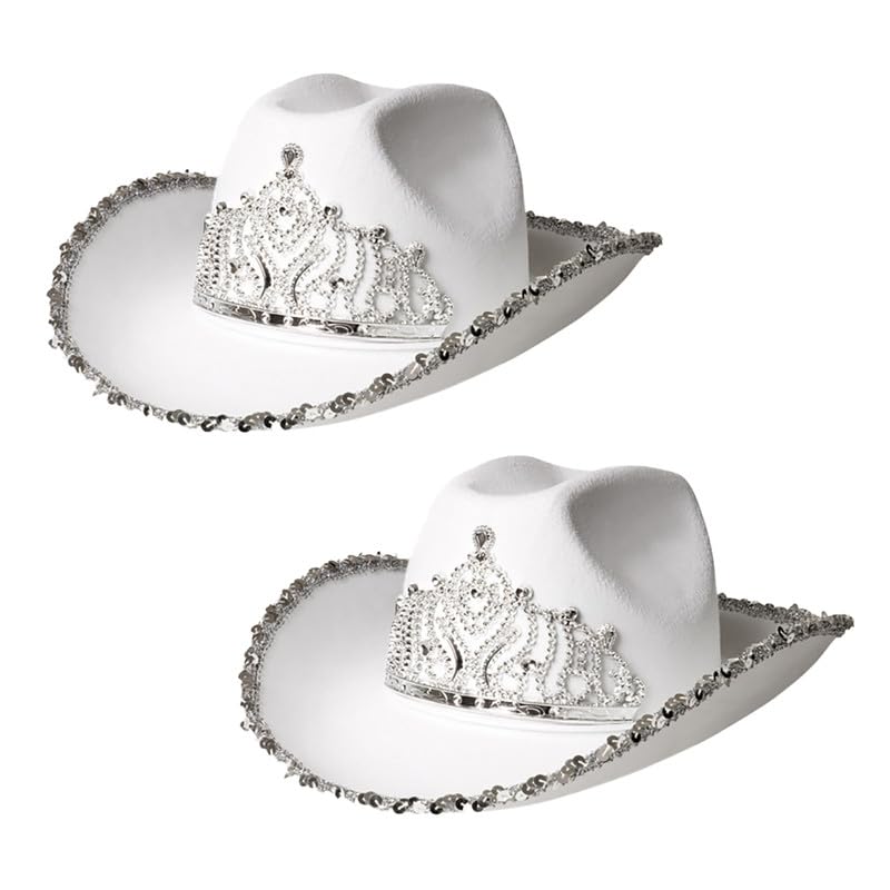My Illusions 2 Pack Cowgirl Hats Western-Themed Hen Night Fancy Dress Ladies Festival Cowboy Costume Accessories (White Tiara)