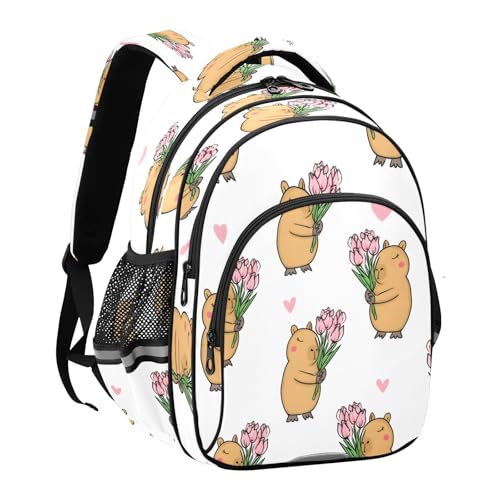 Capybara Tulip Pattern Backpack For Girls Kindergarten Elementary Bookbag Lightweight Childrens School Bag,Medium2