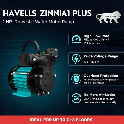 Image of Havells Monoblock Water Motor Pump ZINNIA1 Plus (1 HP) | Copper Winding, High Flow Rate, 180-260 V Range | Overheat Protection, Durable | for Home, Apartment | 1 Yr Warranty, Half (1 /2) HP