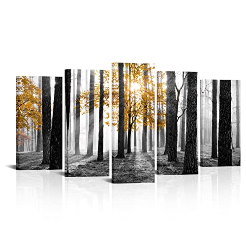 Visual Art Decor Large 5 Pieces Forest Landscape Wall Art Yellow And Gray Forest Wall Art Sunshine Foggy Forest Picture Framed Artwork Ready To Hang, 60Inchx32Inch #TOP12
