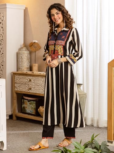 Image of INDO ERA Women's Viscose Rayon Striped Printed Straight Calf Length Kurta & Palazzo Set (IEOUT12413)