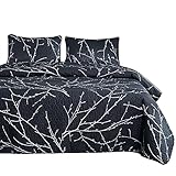 Wake In Cloud - Branches Quilt Set, Dark Gray Grey with Tree Pattern Printed, Soft Microfiber Bedspread Coverlet Beddings (3pcs, Queen Size)