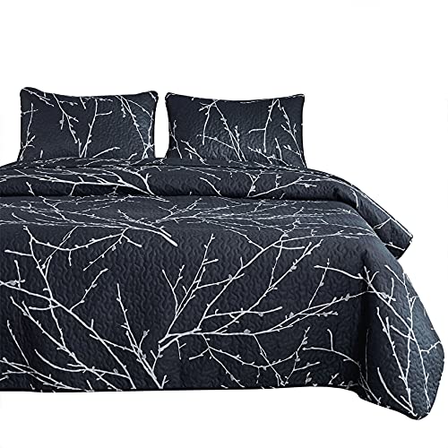 Wake In Cloud - Branches Quilt Set, Dark Gray Grey with Tree Pattern Printed, Soft Microfiber Bedspread Coverlet Bedding (3pcs, King Size)