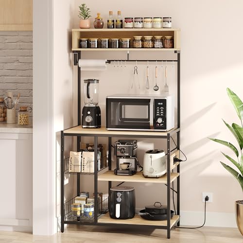 Bestier Bakers Rack with Power Outlet, 10 Hooks Coffee Bar with Wire Basket, Microwave Stand with...