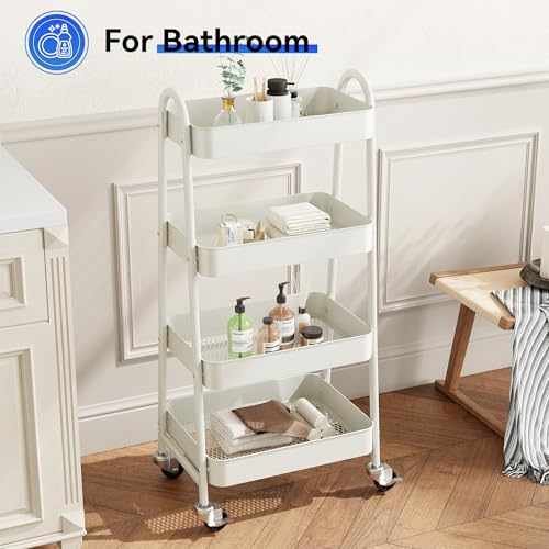 Image of OLIXIS Metal 4 Tiers Utility Rolling Cart, Mobile Storage Shelf with Lockable Caster Wheels, Organization for Livingroom, Bathroom & Narrow Places, 4-Tier White