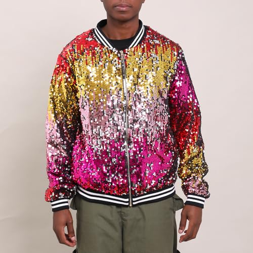 Image of YIYI Mens Sequin Jacket Bomber Sparkly Striped Varsity Glitter Jacket Male Party Outwear Coat Birthday Holiday Clothes