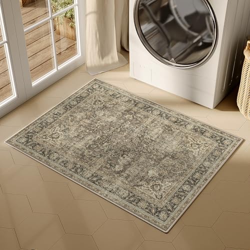 HUGEAR Waschbarer Braun Vintage Teppich im Eingangsbereich 60x90cm fußmatte badezimmerteppich Weich rutschfest Retro Kleiner Tepich Kurzflor Bad Schlafzimmer Carpet Bedroom