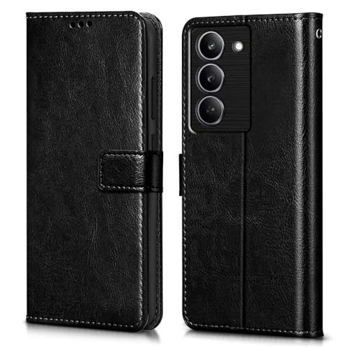 Image of Fastship Vintage Magnatic Closer Matte Leather Flip Cover Compatible Model for Realme RMX3940 / Realme 14x 5G - Black