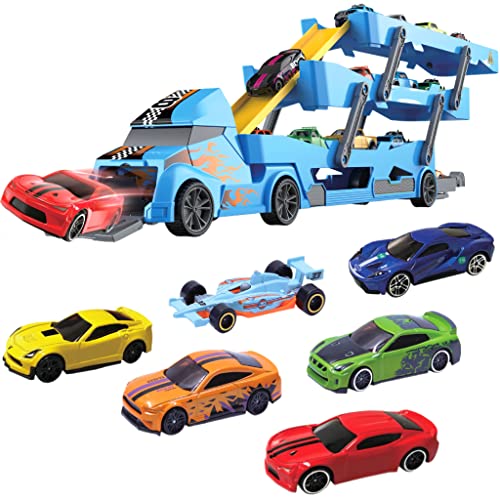 TOYLI Vehicle Playset Toy Car Hauler Carrier Truck with Track, Launcher, 6 Metal Die-Cast Vehicles, Auto Transporter Semi Truck and Race Cars Toys Launch and Haul Push Pull Gift for Boys Kids