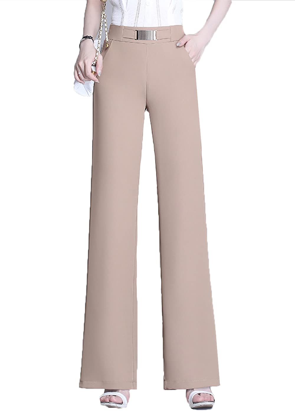 Cocoinsity Womens Dress Pants Summer Solid High Waist Casual Wide Leg Straight Trousers