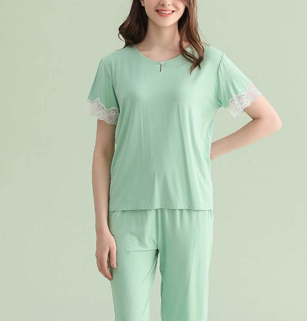 SNPP Été Pyjama Femme,Ensemble Pyjama D'Été Confortable, Pyjama Deux Pièces Extensible, Ensemble Manches Courtes Et Pantalon en Dentelle Boutonnée Vert Fruit, Vêtements De Maison pour Un Usage Quo