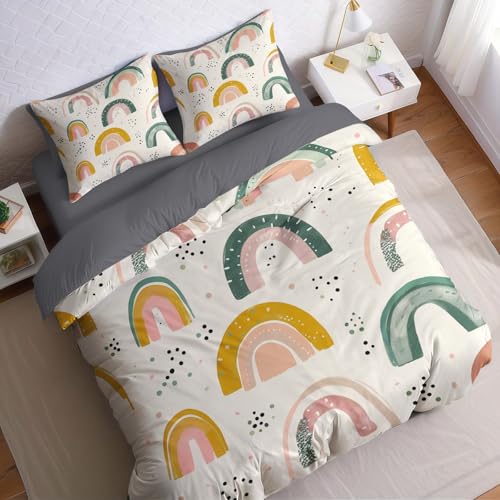 Crema Funda nórdica Cama 180 Arcoíris Abstracto geométrico Juego de 3 Piezas 240x260 cm en poliéster Suave y Transpirable,Funda edredón y 2 Fundas de Almohada, Ropa de Cama Juvenil