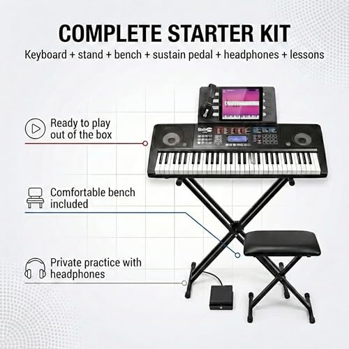 RockJam 61 Key Keyboard Piano With Touch Display Kit, Keyboard Stand, Piano Bench, Sustain Pedal, Headphones, Simply Piano App & Keynote Stickers by RockJam - Image 2
