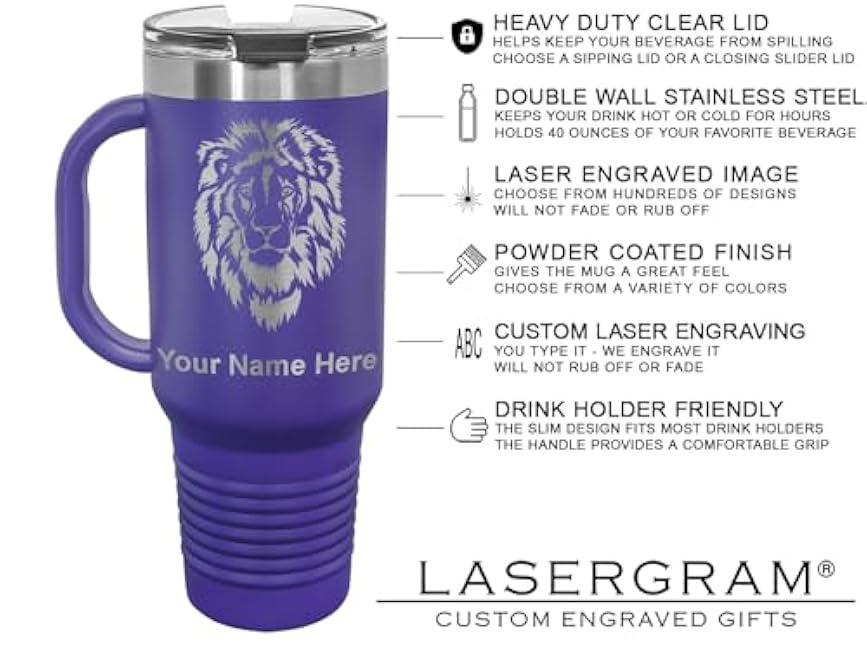 LaserGram 40oz Vacuum Insulated Travel Mug with Handle, Pug, Personalized Engraving Included (Dark Purple)
