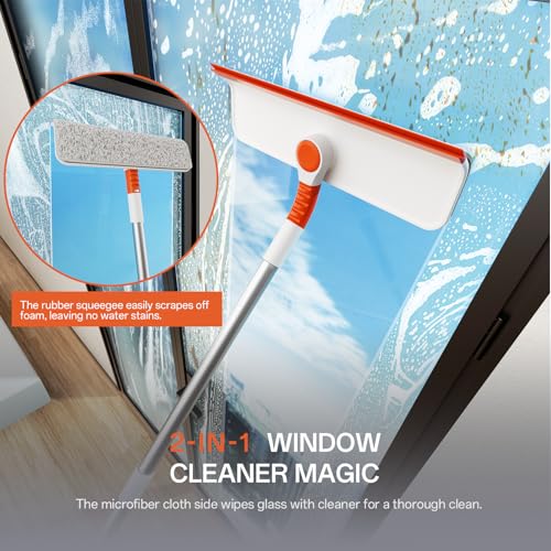Image of Window Squeegee Cleaner Pole, 2-in-1 Window Cleaning Tool with 50 inch Extendable Pole Bendable Head Window Washing Equipment or Indoor Outdoor Window Glass Door Car Windshield (Cleaner with Pink Cloth)