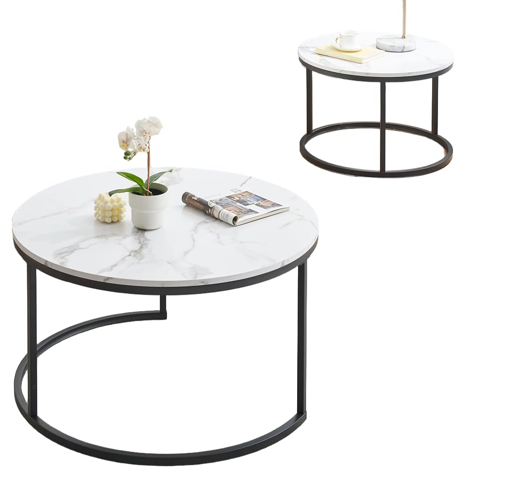 Set di tavolini rotondi (2 pezzi) in marmo, due in uno, adatti per soggiorno, lounge, home office e terrazze ⌀80cm e ⌀60cm