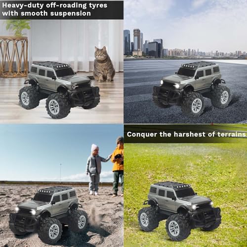 Image of popsugar Off Roader Rechargeable Remote Control Car | RC Car Monster Truck | 4 Headlight Modes | Lithium Battery | C-Type Charging | 2.4GHz Remote Controller | Made in India, Grey