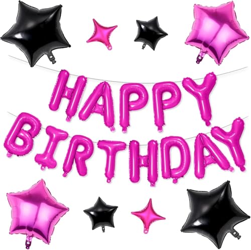 Lumjoy Hot Pink and Black Happy Birthday Balloons Banner, Rose Red 16 Inch Foil Letter Balloons with 8 Star Foil Balloons, Birthday Party Decorations for Women and Girls
