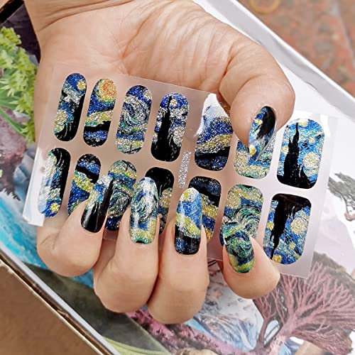 Van Gogh's Starry Sky Gel Nail Stickers Starry Night Full Wraps Brighter Nail Polish Strips Waterproof Self-Adhesive 28 Tips Shinny Glitter Nail Polish Stickers Decals Set For Women Girls(No Uv/Led Lamp Required) #TOP5