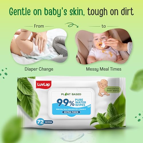 Image of LuvLap Plant Based 99% Pure Water Baby Wipes, 72 Count (Pack of 3), Extra Thick Unscented with Aloe Vera & Vitamin E, pH Balanced, Paraben Free, Ideal for Delicate Skin, Dermatologically Tested