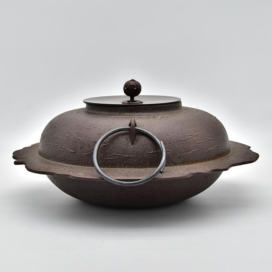 人間国宝 釜師 高橋敬典作 透木釜 松葉地紋 釜鐶 木 共箱 略歴 黄布