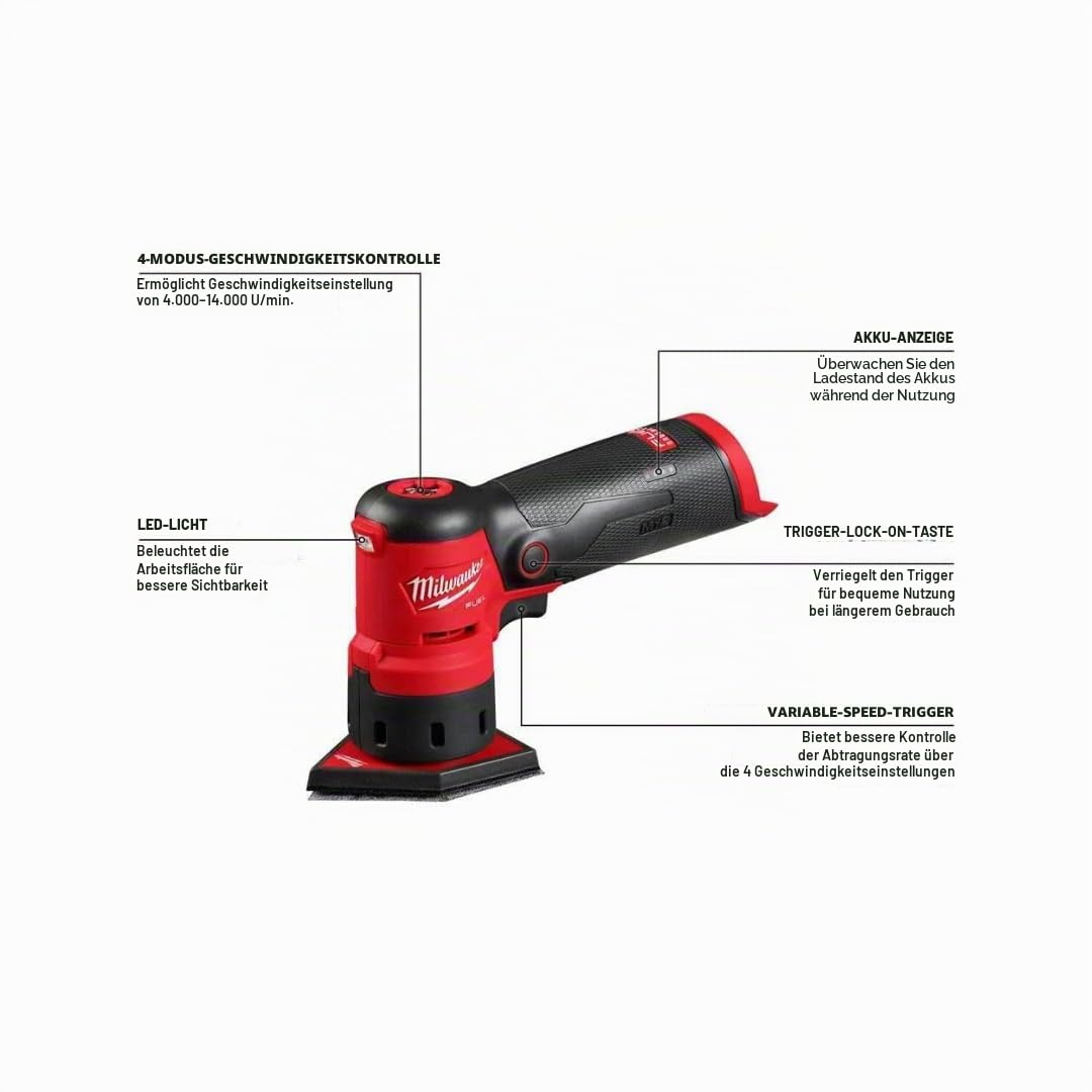 Milwaukee 2531-20 12V bürstenloser Akku-Exzenterschleifer (nur Werkzeug), Rot und Schwarz